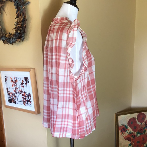 ISABELE SINCLAIR size XL Plaid Pink-Ecru Hi-Collar Ruffle Buttonfront $88 NEW - Picture 5 of 12